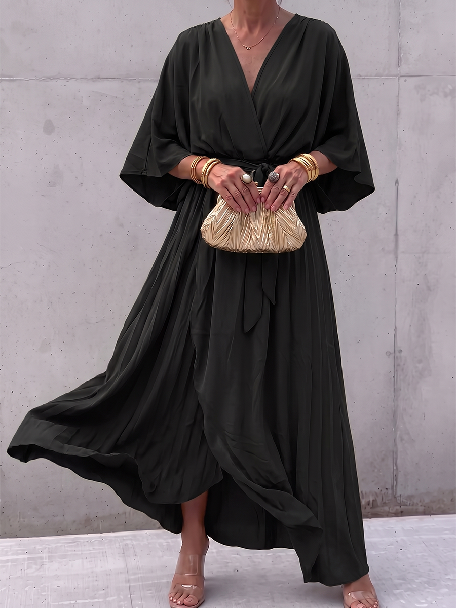 Tied Solid Color See-Through Pleated Asymmetric Plus Size Long Sleeves V-neck Maxi Dresses