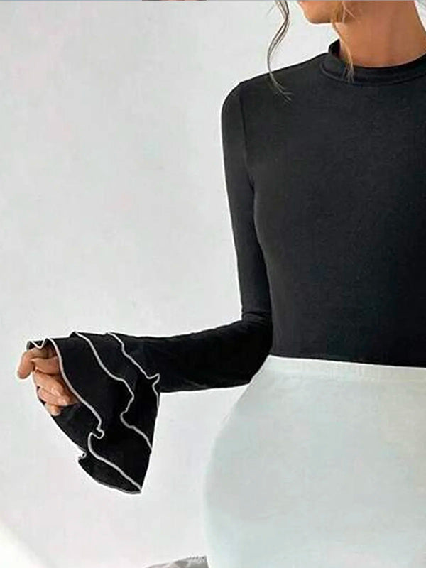 Flared Sleeves Long Sleeves Split-Joint Tiered Round-Neck T-Shirts Tops