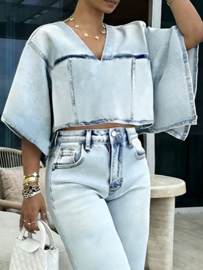 Batwing Sleeves Half Sleeves Contrast Color Split-Joint V-Neck Blouses&Shirts Tops