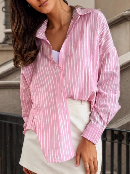 Long Sleeves Loose Buttoned Contrast Color Split-Joint Striped Lapel Blouses&Shirts Tops