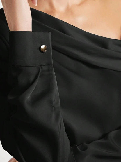 Long Sleeves Skinny Pleated Solid Color Split-Joint One-Shoulder Blouses&Shirts Tops