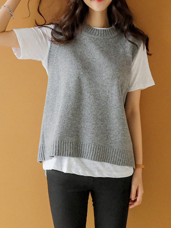 Simple Sleeveless Loose Buttoned Solid Color Round-Neck Sweater Vest Outerwear