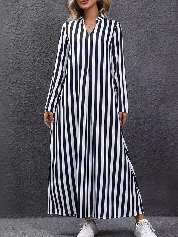 A-Line Long Sleeves Contrast Color Pleated Striped V-Neck Maxi Dresses