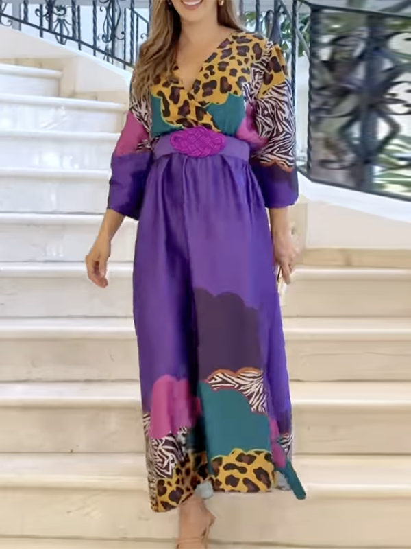 Long Sleeves Loose Leopard V-Neck Maxi Dresses
