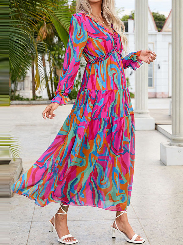 High Waisted Long Sleeves Pleated Printed V-Neck Maxi Dresses