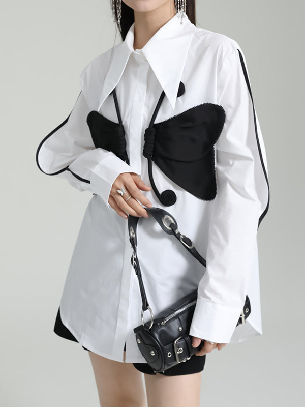 Long Sleeves Loose Butterfly Shape Buttoned Lapel Blouses&Shirts Tops
