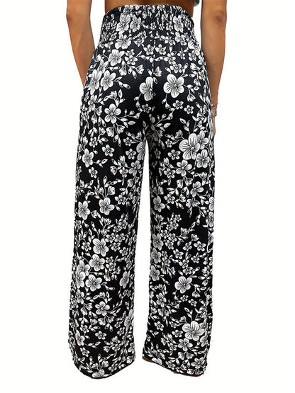 High Waisted Loose Elasticity Flower Print Pleated Pockets Pants Trousers