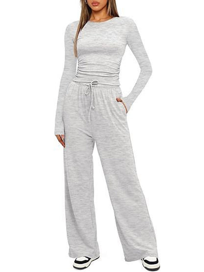 Solid Color Pleated Round-Neck T-Shirts Tops +  Elasticated Waist High Waisted Drawstring Pants Two Pieces Set