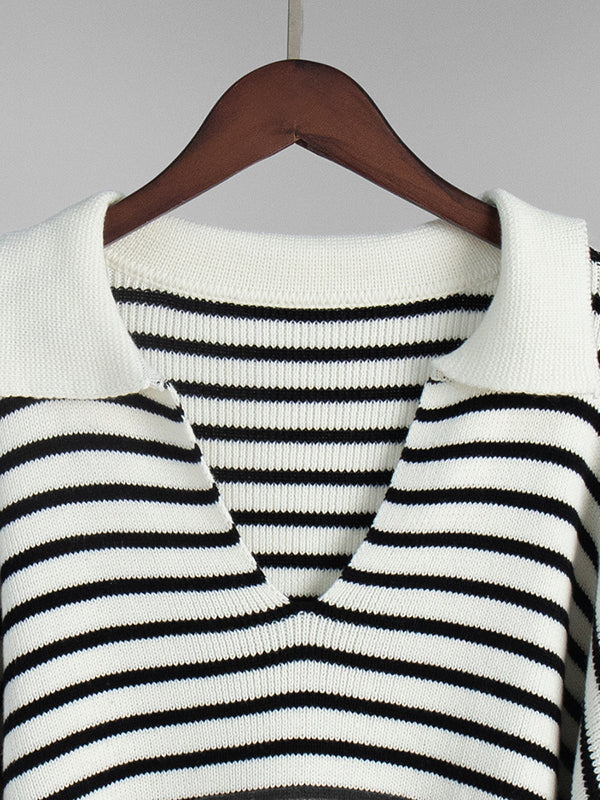 Long Sleeves Loose Split-Joint Striped Lapel Sweater Tops