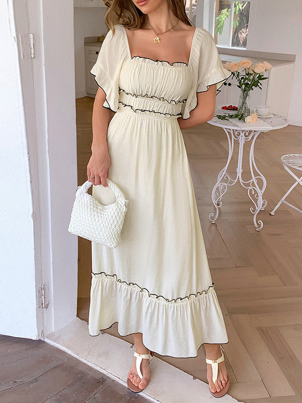 A-Line High Waisted Pleated Ruffle Trim Split-Joint Zipper Square-Neck Midi Dresses