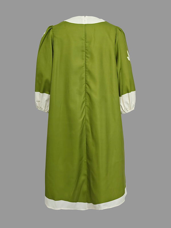 A-Line Loose Flower Print Pleated Round-Neck Mini Dresses