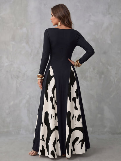 Split-Joint Printed Contrast Color Long Sleeves High Waisted Round-neck Maxi Dresses