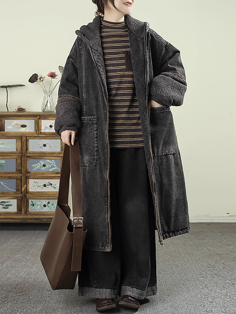 Women Winter Denim Spliced Lamb Fleece Hooded Coat