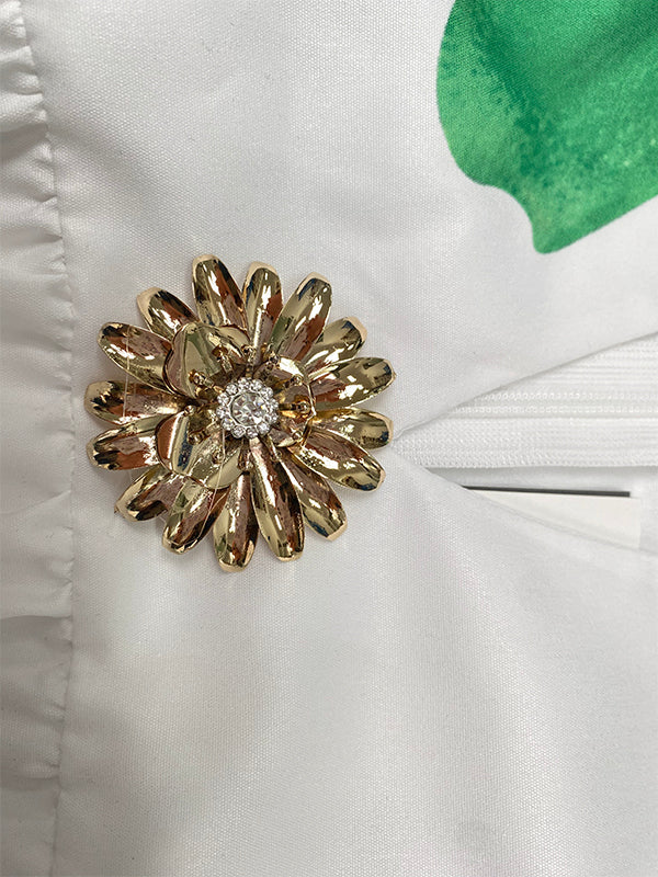 A-Line Loose Flower Print Pleated V-Neck Midi Dresses