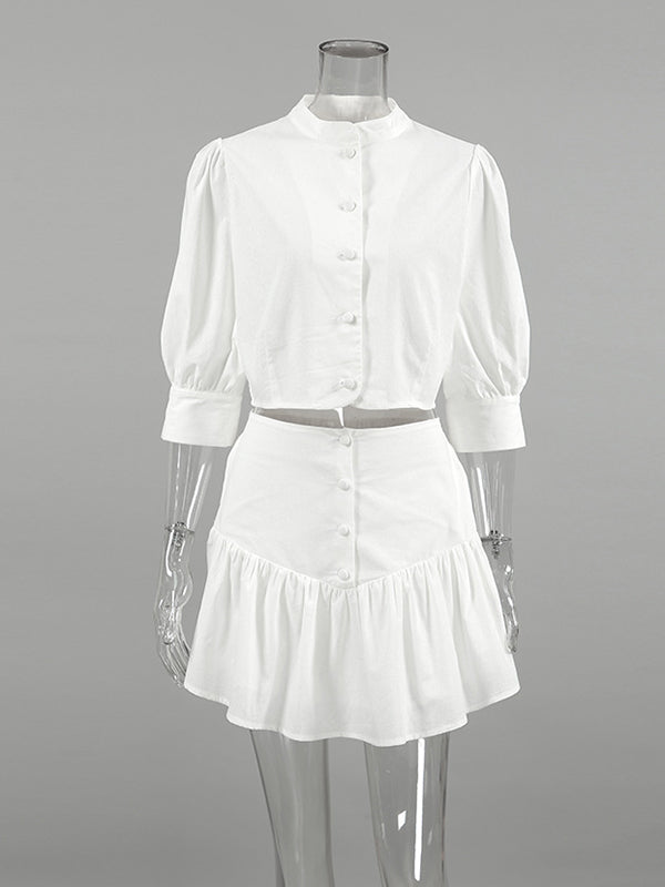 Solid Color Puff Sleeves Split-Joint Stand Collar Blouses + Pleated High Waisted Skirts Two Pieces Set