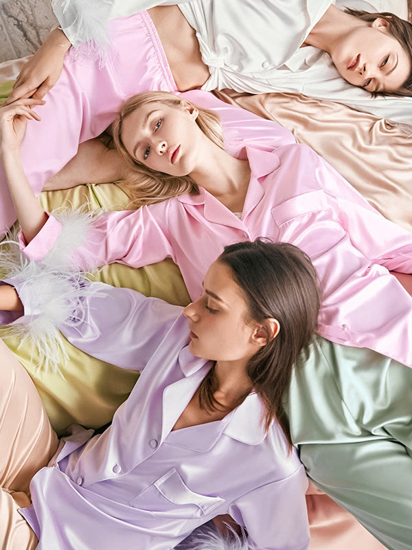 Long Sleeves Buttoned Feathers Split-Joint Notched Collar Shirts Top + Pants Bottom Pajama Sets