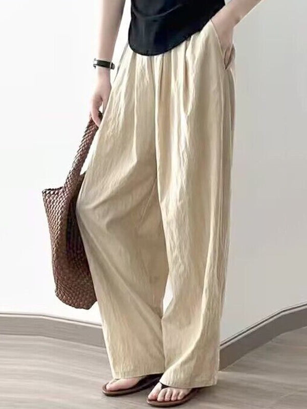 High Waisted Loose Elasticity Pleated Pockets Solid Color Pants Trousers