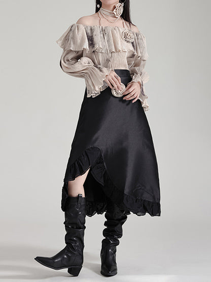 High Waisted Asymmetric Ruffled Solid Color Split-Joint Skirts Bottoms