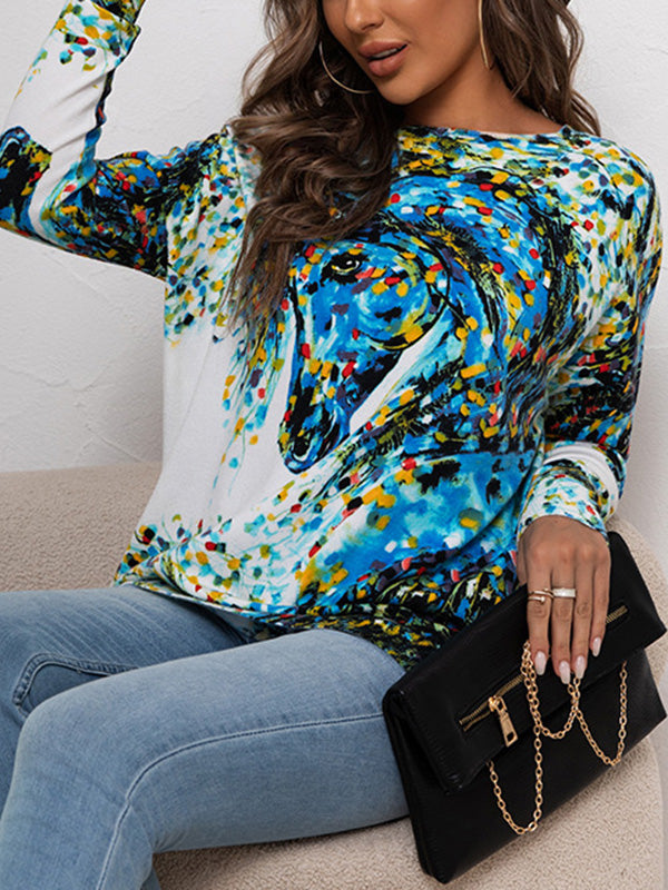 Long Sleeves Loose Printed Round-Neck Knitwear Pullovers Sweater Tops