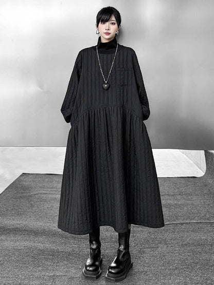 A-Line Long Sleeves Embossed Pockets Quilted Solid Color Split-Joint High Neck Midi Dresses Sweater Dresses