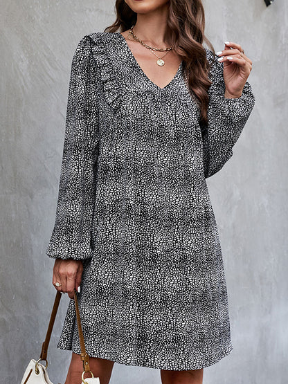 A-Line Bishop Sleeve Leopard Ruffled Tied V-Neck Mini Dresses