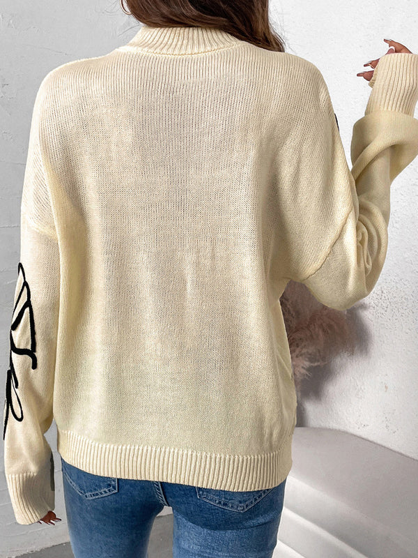 Long Sleeves Loose Flower Shape Split-Joint High Neck Sweater Tops