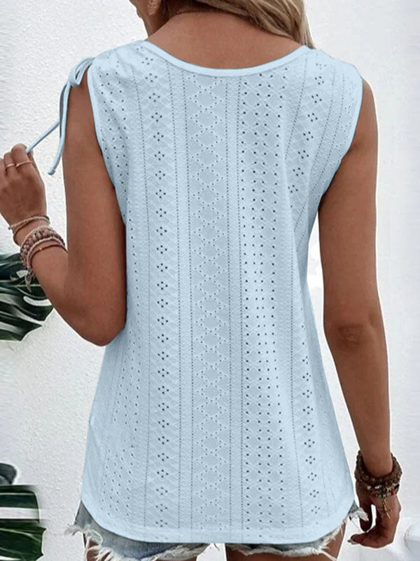 Loose Plus Size Buttoned Hollow Pleated Split-Joint Tied U-neck Vest Top