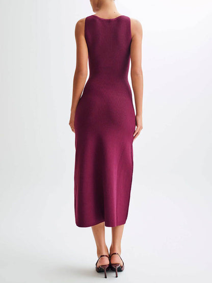 Solid Color Buttoned Sleeveless Bodycon Round-neck Midi Dresses