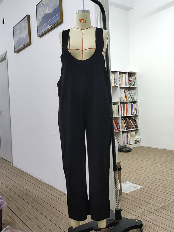 Loose Sleeveless Solid Color Split-Joint U-Neck Overalls