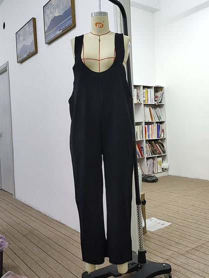Loose Sleeveless Solid Color Split-Joint U-Neck Overalls