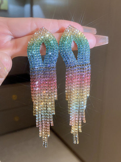 Gradient Hollow Rhine Stones Tasseled Drop Earrings