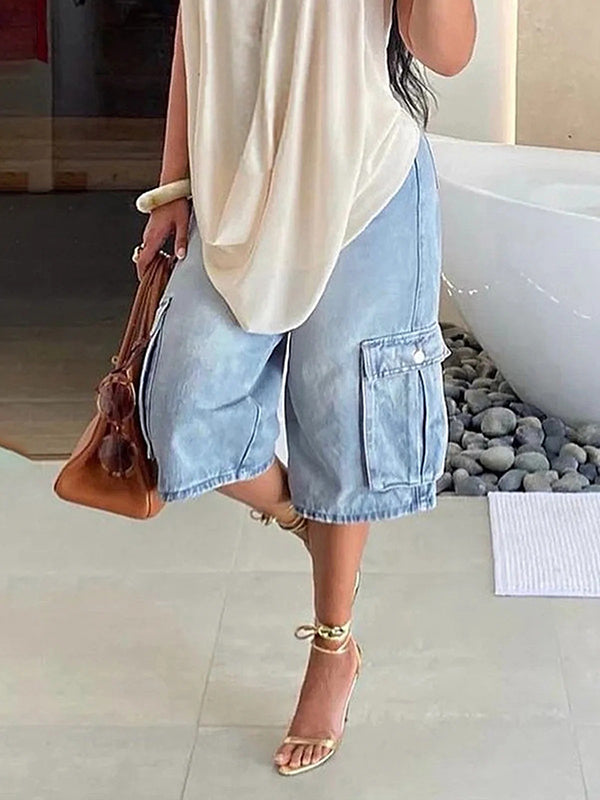 Loose Wide Leg Pockets Split-Joint Denim Half Pants