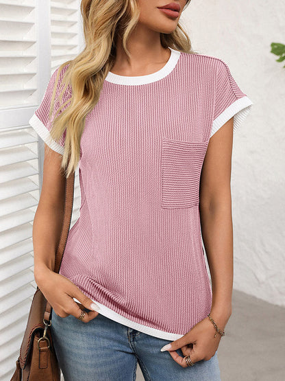 Loose Short Sleeves Colorful Contrast Color Pockets Round-neck T-Shirts Tops