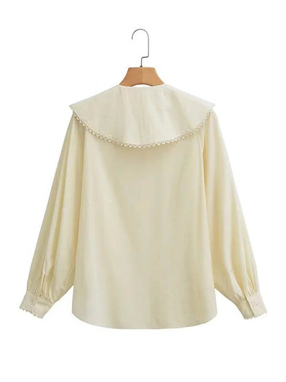 Loose Puff Sleeves Pleated See-Through Solid Color Split-Joint Peter Pan Collar Blouses&Shirts Tops