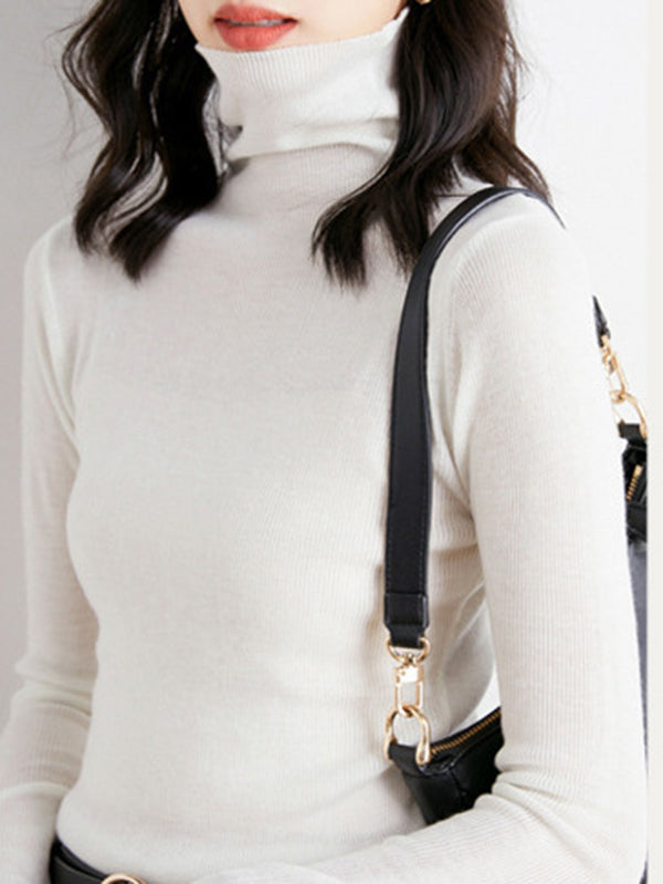 Simple Skinny Long Sleeves Solid Color High-Neck Sweater Tops Pullovers