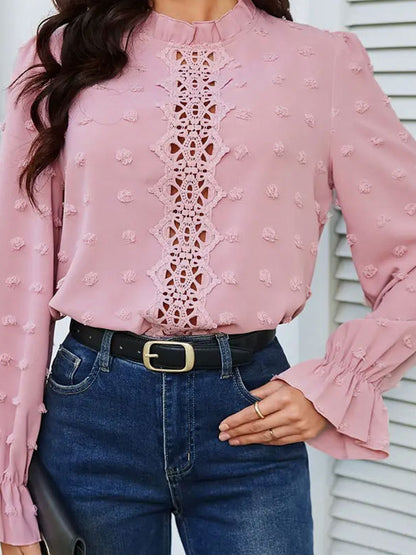 Flared Sleeves Long Sleeves Elasticity Hollow Jacquard Ruffled Solid Color Split-Joint Stand Collar T-Shirts Tops