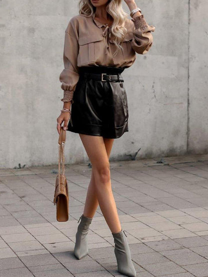 Long Sleeves Loose Hollow Lace-Up Pleated Solid Color Split-Joint V-Neck Blouses