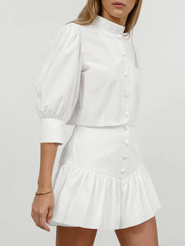 Solid Color Puff Sleeves Split-Joint Stand Collar Blouses + Pleated High Waisted Skirts Two Pieces Set