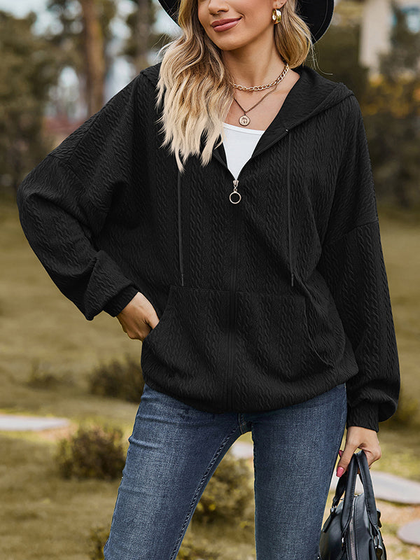 Long Sleeves Loose Drawstring Hooded Pockets Solid Color Zipper V-Neck Outerwear