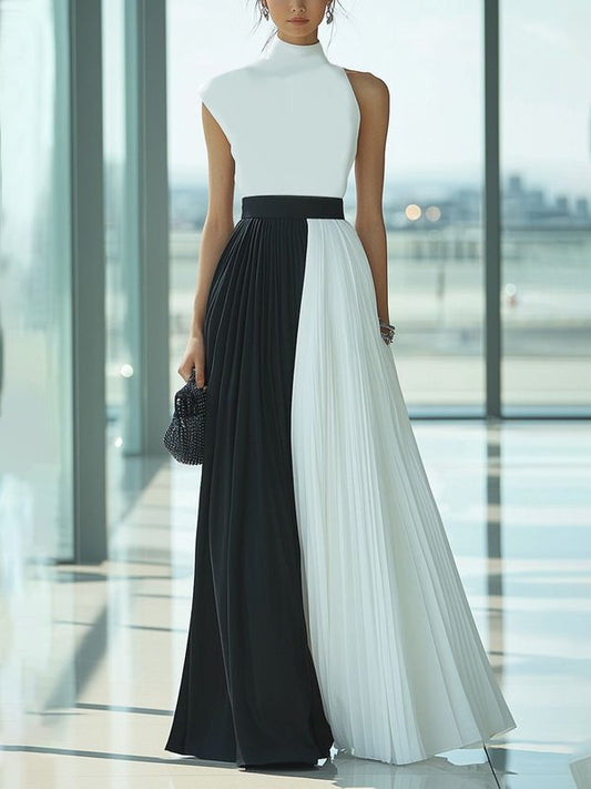 High Waisted Loose Contrast Color Pleated Mock Neck Maxi Dresses