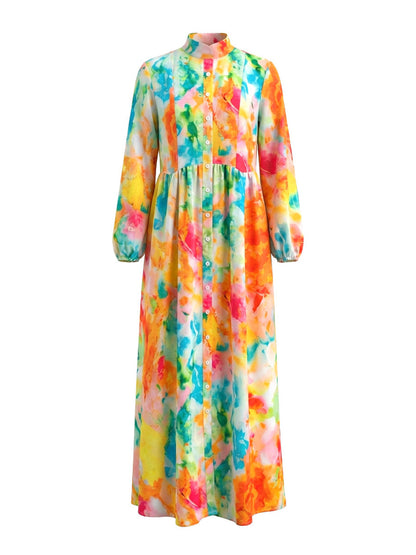 A-Line Long Sleeves Buttoned Contrast Color Pleated Pockets Printed Lapel Maxi Dresses Shirt Dress