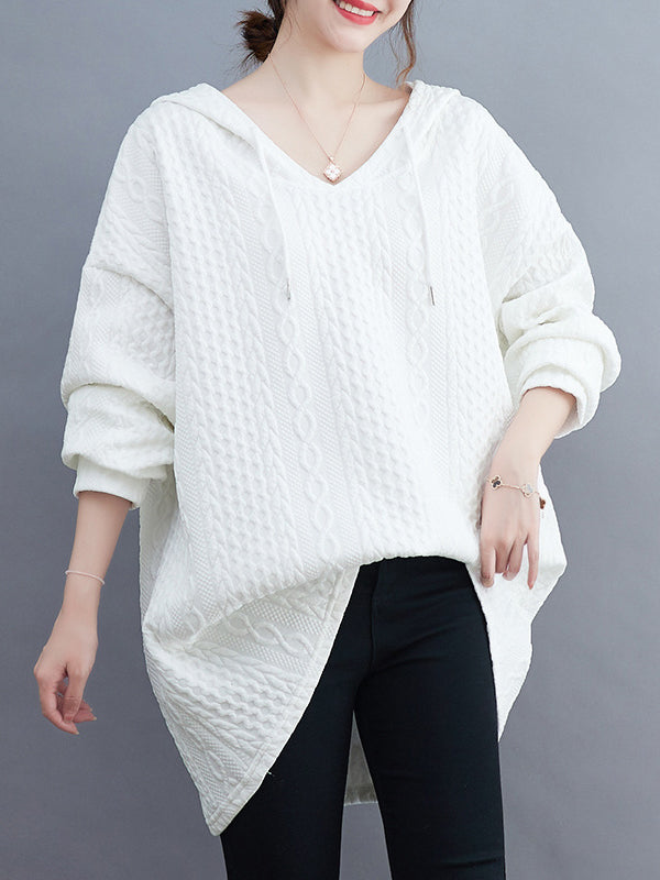 Hooded Long Sleeves Drawstring Jacquard Solid Color Split-Joint Hoodies Tops