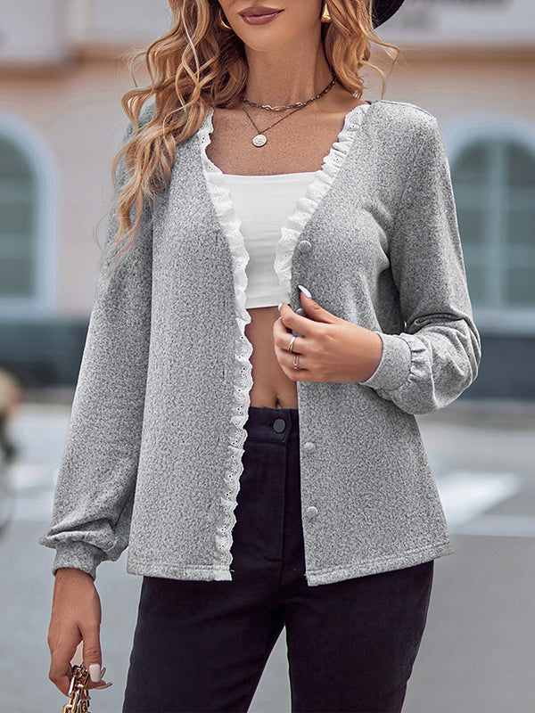 Long Sleeves Loose Buttoned Ruffle Trim Split-Joint V-Neck T-Shirts Tops