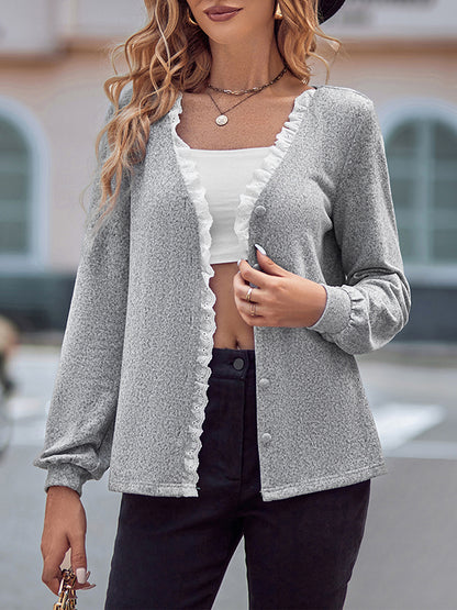 Long Sleeves Loose Buttoned Ruffle Trim Split-Joint V-Neck T-Shirts Tops