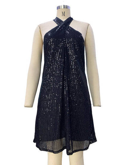 A-Line Loose Hollow Sequined Solid Color Halter-Neck Mini Dresses