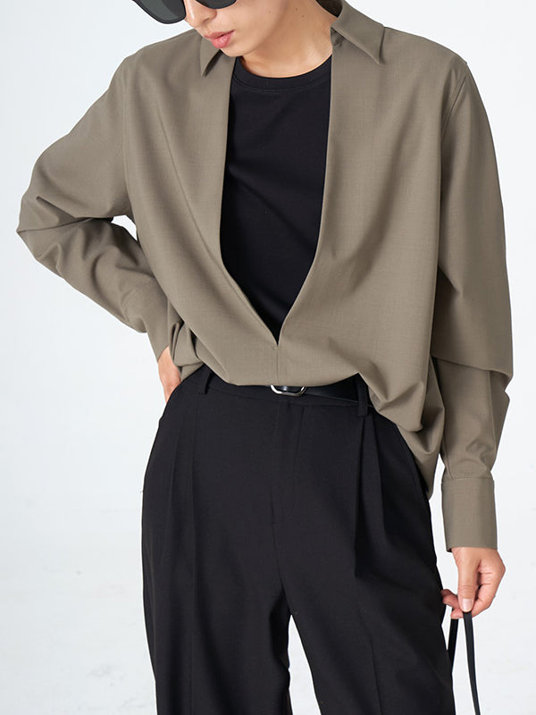 Long Sleeves Loose Solid Color Deep V-Neck Blouses&Shirts Tops