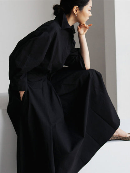 Long Sleeves Loose Buttoned Solid Color Lapel Midi Dresses