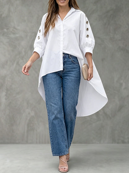 High-Low Loose Buttoned Hollow Pleated Solid Color Lapel Blouses&Shirts Tops