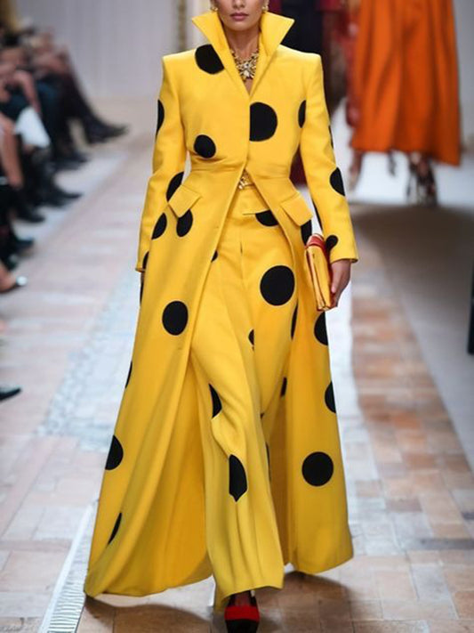 Long Sleeves Loose Polka-Dot Split-Joint Lapel Woolen Coat