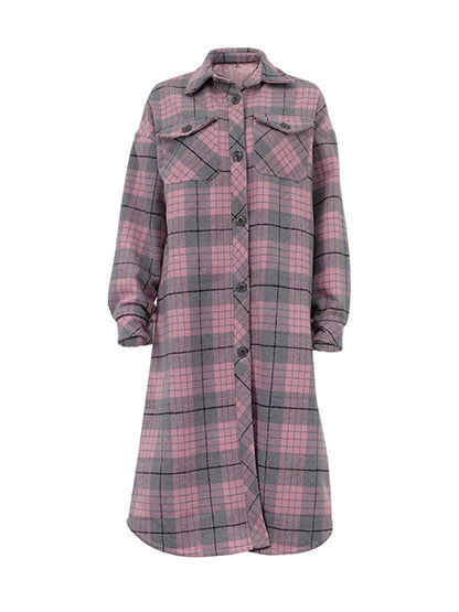 Long Sleeves Loose Plaid Pockets Lapel Woolen Coat